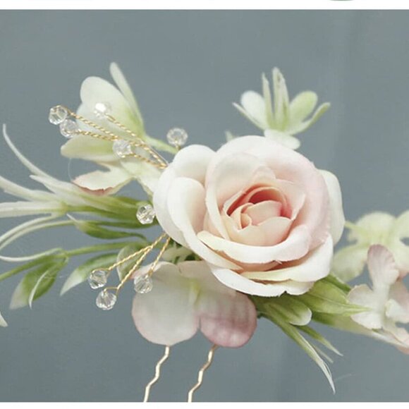 Women Hair Comb Artificial Flowers Leaves Metal Bridal Wedding Pink Pair main image 4